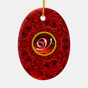 ORNEMENT OVALE EN CÉRAMIQUE ROUGE DAHLIA RUBIS MONOGRAMME