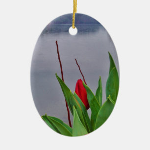 Ornement Ovale En Céramique Rouges Tulipes Blue Lake Arrowhead