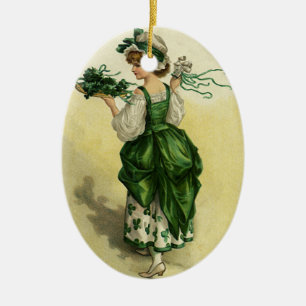 Ornement Ovale En Céramique Saint-Patrick vintage, femme trèfles verts