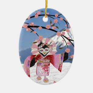 Ornement Ovale En Céramique Sakura Geisha Bird dans les fleurs de cerisiers de