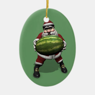 Ornement Ovale En Céramique Santa Claus Avec Grosse Pastèque