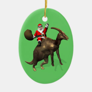 Ornement Ovale En Céramique Santa Claus Riding On Parasaurolophus