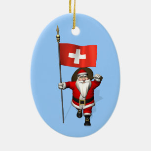 Ornement Ovale En Céramique Santa Claus With Ensign Of Switzerland
