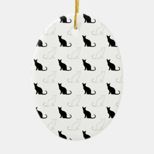 Ornement Ovale En Céramique Silhouettes de chats noirs et blancs