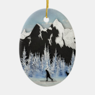 Ornement Ovale En Céramique Ski de pays croisé