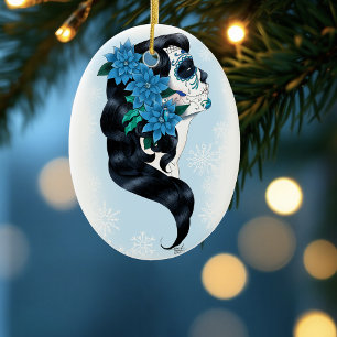 Ornement Ovale En Céramique Skull d'hiver Flèches de neige bleues