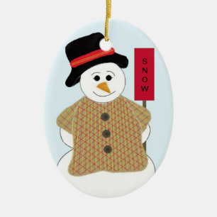 Ornement Ovale En Céramique Snowman avec signe de neige