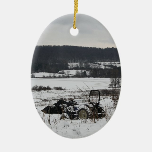 Ornement Ovale En Céramique Tracteur dans la neige (Devant)
