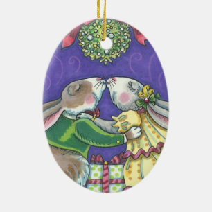 Ornement Ovale En Céramique Under The Mistletoe CHRISTMAS RABBITS ORNAMENT