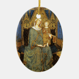 Ornement Ovale En Céramique VIERGE AVEC ENFANT, Sapphire Bleu