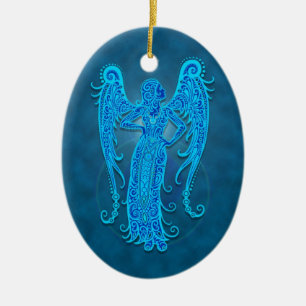Ornement Ovale En Céramique Vierge tribale bleue complexe