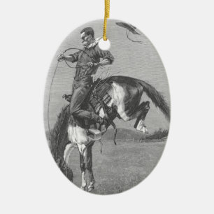 Ornement Ovale En Céramique Vieux Cowboys de Rodéo, Cheval Sauvage qui Rue par