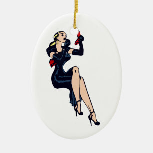 Ornement Ovale En Céramique Vintage Joli Blonde Retro Glamor Girl Pinup