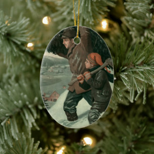 Ornement Ovale En Céramique Vintage Noël, père et fils abattus un arbre
