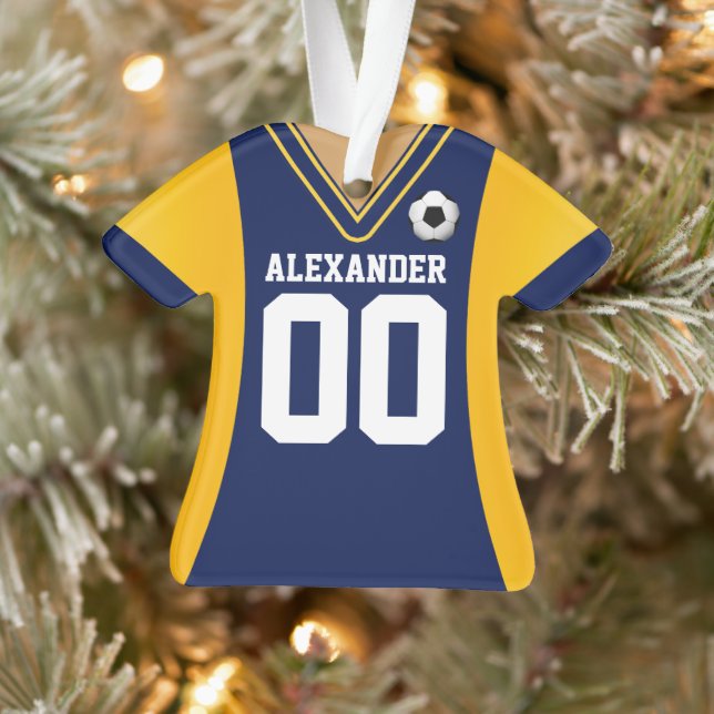 Ornement personnalisé de Jersey de soccer bleu/jau (Arbre)