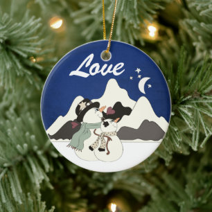 Ornement personnalisé Snowman Couple Mountain LOVE