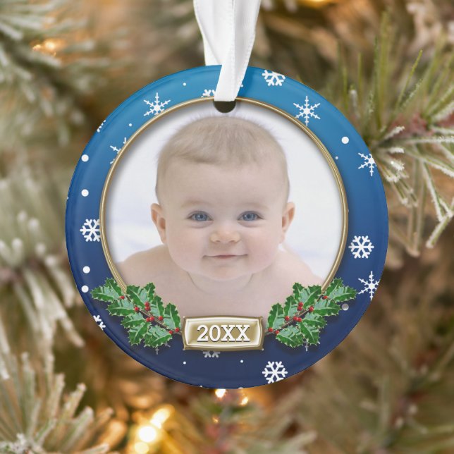 Ornement photo | 1er Noël du bébé (bleu) (Arbre)