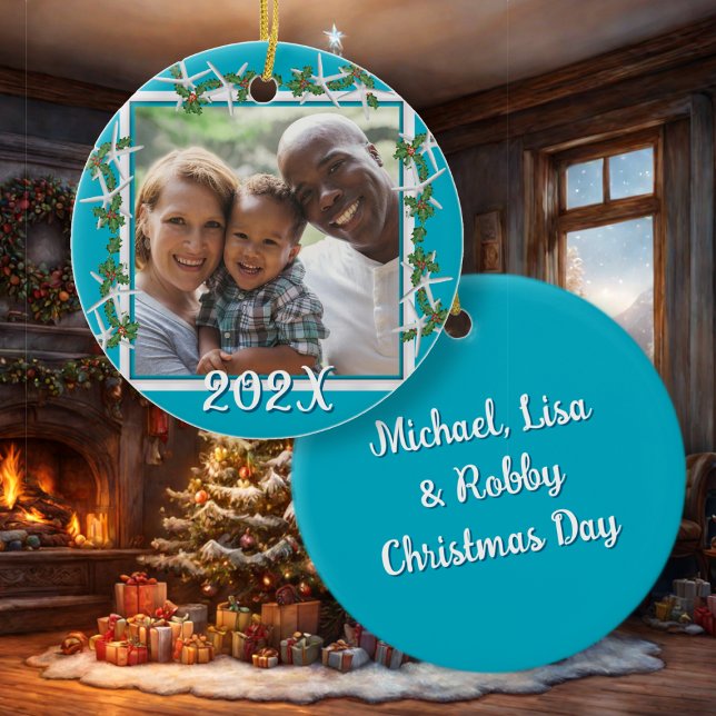 Ornement photo de Noël de plage Starfish Bleu (Créateur téléchargé)