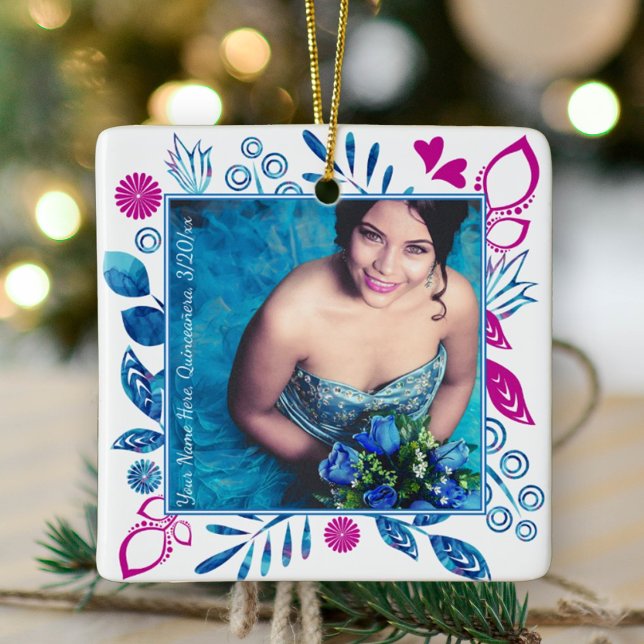 Ornement photo de Noël rose et bleu Quinceanera (blue pink quinceanera photo ornament blue mis quince keepsake gift flowers hearts royal blue pink)
