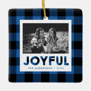 Ornement photo Joyeux Bleu Buffalo Plaid