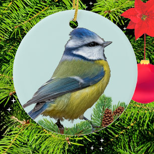 Ornement photo personnalisé d'oiseau bleu jaune mi