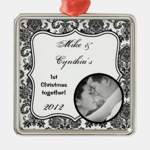 Ornement photo personnalisé noir blanc Damask Lac