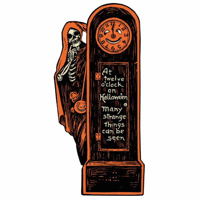 Ornement Photo Sculpture Cru Halloween de squelette et d'horloge (Devant)