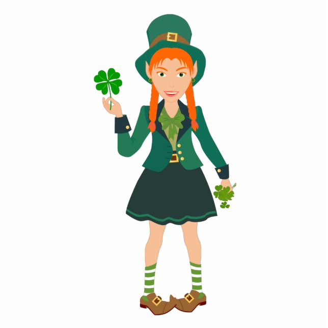 Ornement Photo Sculpture Irlandaise Leprechaun fille avec un trèfle chanceu (Devant)