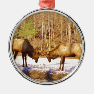 Ornement Rond Argenté 2~ deux Bull Elk dans la neige