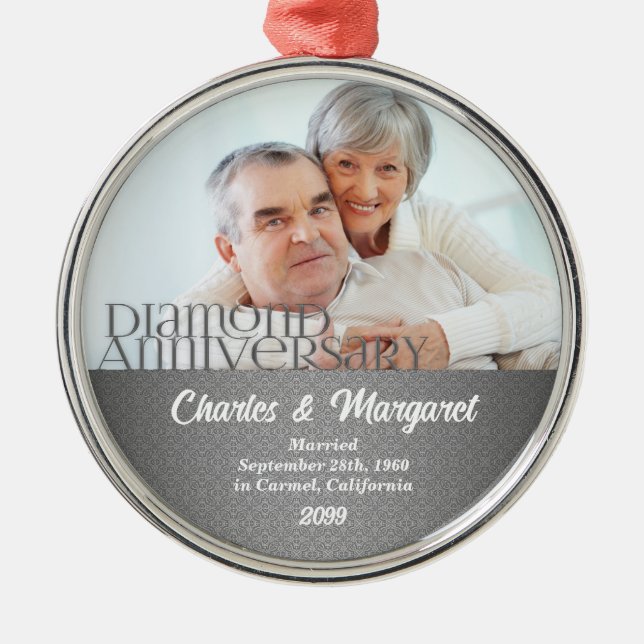Ornement Rond Argenté 60e anniversaire du diamant Noël de Damas d'argent (Devant)