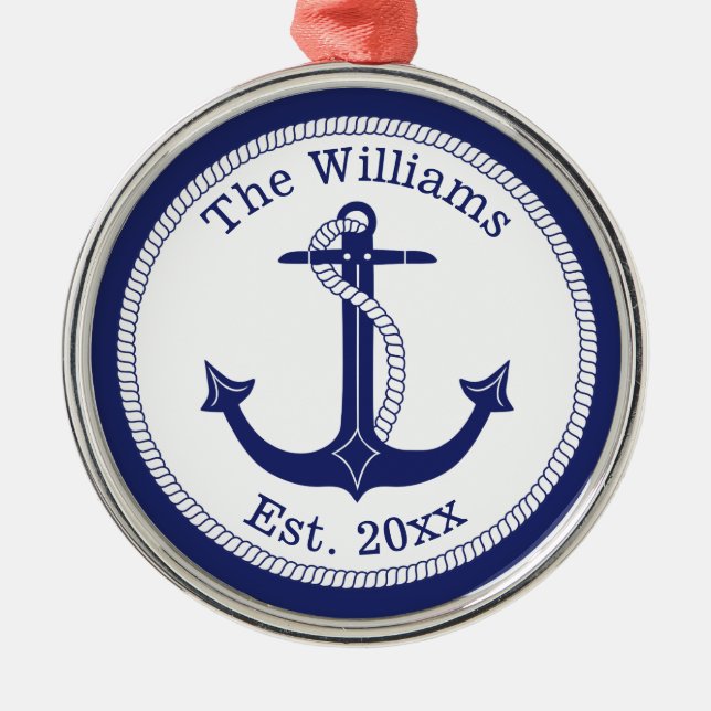 Ornement Rond Argenté Ancre bleue marine Nom de famille (Devant)