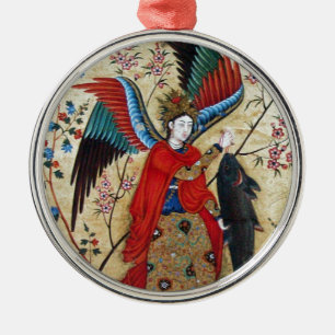 ORNEMENT ROND ARGENTÉ ARCHANGEL RAPHAEL ET PARCHEMENT DE POISSON