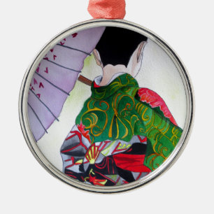 Ornement Rond Argenté Art japonais Geisha avec kimono et parapluie