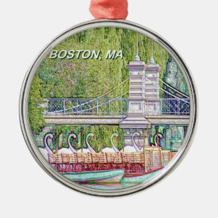 Ornement Rond Argenté Bateaux cygnes de Boston en crayon et filtre d'enc