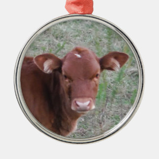 Ornement Rond Argenté Bébé Brown Vache visage