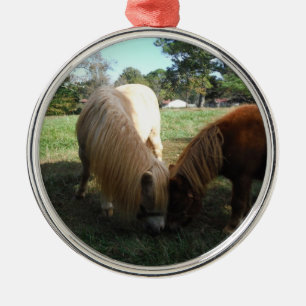 Ornement Rond Argenté Brown Blond" Chevaux miniatures"Deux Petits Poney