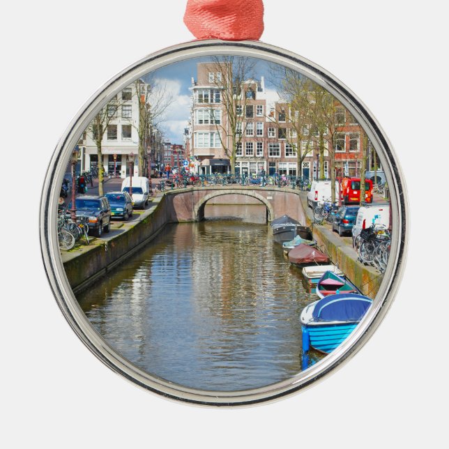 Ornement Rond Argenté Canal d'Amsterdam avec des bateaux (Devant)