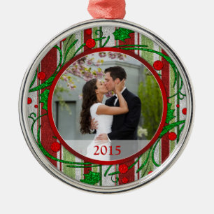 Ornement Rond Argenté Candy Stripes First Christmas Together Photo