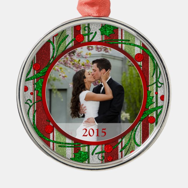 Ornement Rond Argenté Candy Stripes First Christmas Together Photo (Devant)