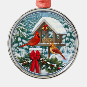 Ornement Rond Argenté Cardinaux et nourriciers d'oiseaux de Noël