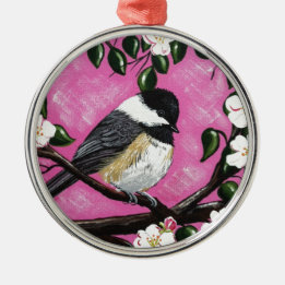 Ornement Rond Argenté Casquette noir chickadee