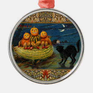 Ornement Rond Argenté Chat vintage Halloween