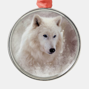 ORNEMENT ROND ARGENTÉ CHIEN DE TRAÎNEAU SIBÉRIEN BLANC