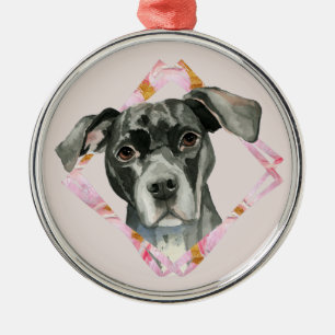 Ornement Rond Argenté Chien noir de pitbull