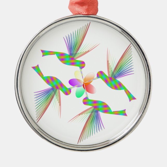 Ornement Rond Argenté Colibris Arc-En-Ciel Embrasser Une Fleur (Devant)
