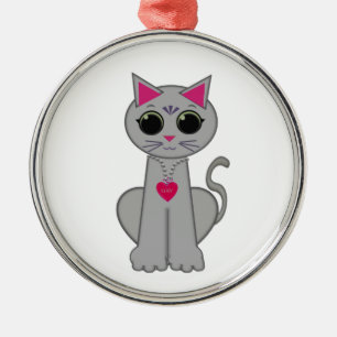 Ornement Rond Argenté Cute Funny Happy Grey Chat