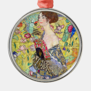 Ornement Rond Argenté Dame avec ventilateur par Gustav Klimt, Japonisme 