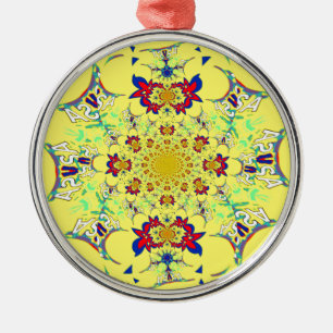 Ornement Rond Argenté Design en damas floral brillant et coloré
