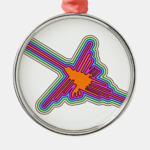 Ornement Rond Argenté Dessin de Nazca Hummingbird Pérou