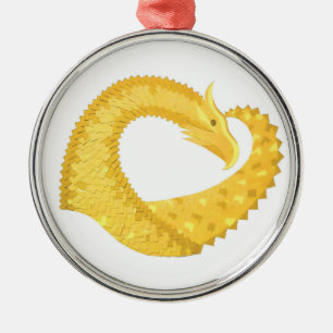 Ornement Rond Argenté Dragon de coeur jaune sur blanc